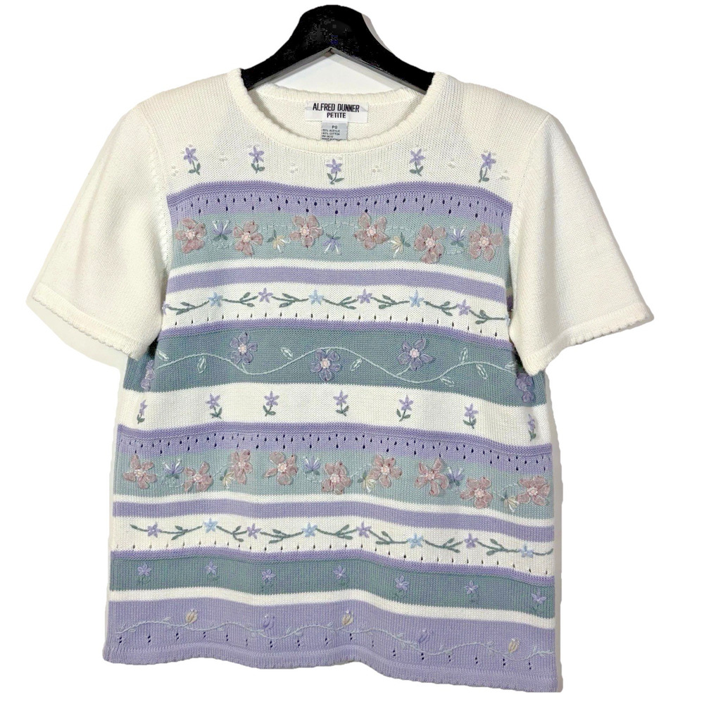 Vintage Alfred Dunner Embroidered Floral Pastel Short Sleeve Sweater Petite S